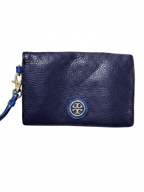 Tory Burch Blue Leather Wristlet Wallet Gold Logo Snap Closure Pebbled Leather